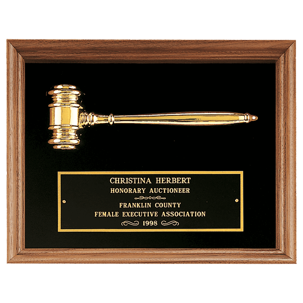10" x 13" Gold Electrooplated Gavel in a Walnut Frame with Black Velour Background and Black Laserable Brass plate