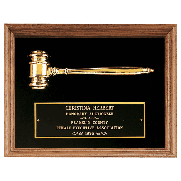10" x 13" Gold Electrooplated Gavel in a Walnut Frame with Black Velour Background and Black Laserable Brass plate