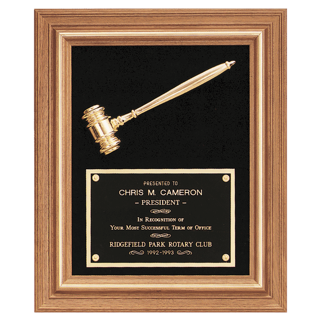 15" x 18" Gold Electroplated Gavel in a Walnut Frame with Black Velour Background and Black Laserable Brass Plate