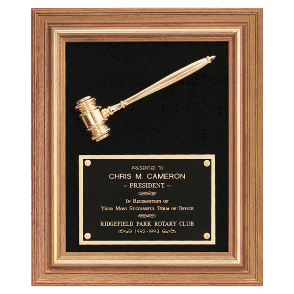 15" x 18" Gold Electroplated Gavel in a Walnut Frame with Black Velour Background and Black Laserable Brass Plate