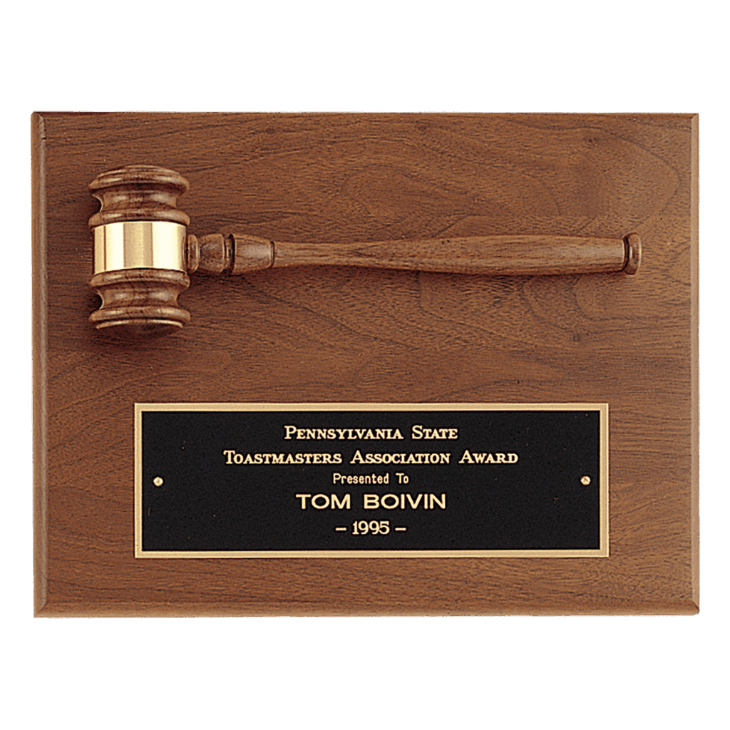 9" x 12" Solid Walnut Plaque with a Walnut Gavel, Gold Gavel Band and Black Laserable Brass Plate