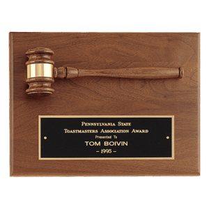 9" x 12" Solid Walnut Plaque with a Walnut Gavel, Gold Gavel Band and Black Laserable Brass Plate