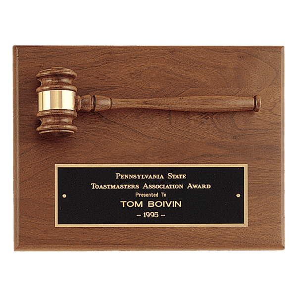 9" x 12" Solid Walnut Plaque with a Walnut Gavel, Gold Gavel Band and Black Laserable Brass Plate