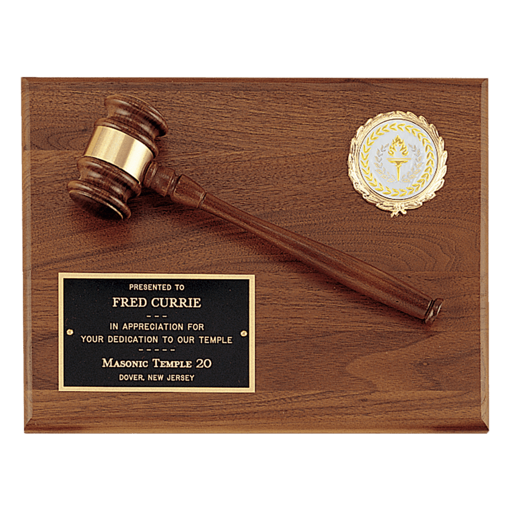 Solid Walnut Plaque with a Walnut Gavel, Gold Gavel Band, Black Laserable Brass Plate and 2" Insert Holder (Insert Sold Separately)