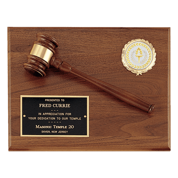 Solid Walnut Plaque with a Walnut Gavel, Gold Gavel Band, Black Laserable Brass Plate and 2" Insert Holder (Insert Sold Separately)