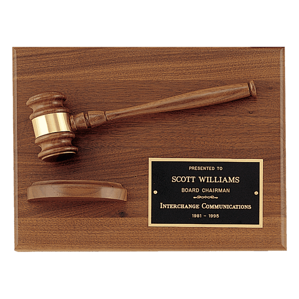 9" x 12" Solid Walnut Plaque with a Walnut Gavel, Gold Gavel Band, Black Laserable Brass Plate and a Walnut Half Sounding Block