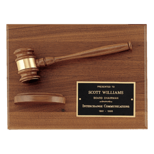9" x 12" Solid Walnut Plaque with a Walnut Gavel, Gold Gavel Band, Black Laserable Brass Plate and a Walnut Half Sounding Block