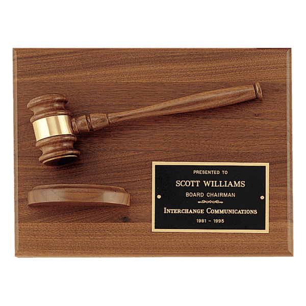 9" x 12" Solid Walnut Plaque with a Walnut Gavel, Gold Gavel Band, Black Laserable Brass Plate and a Walnut Half Sounding Block