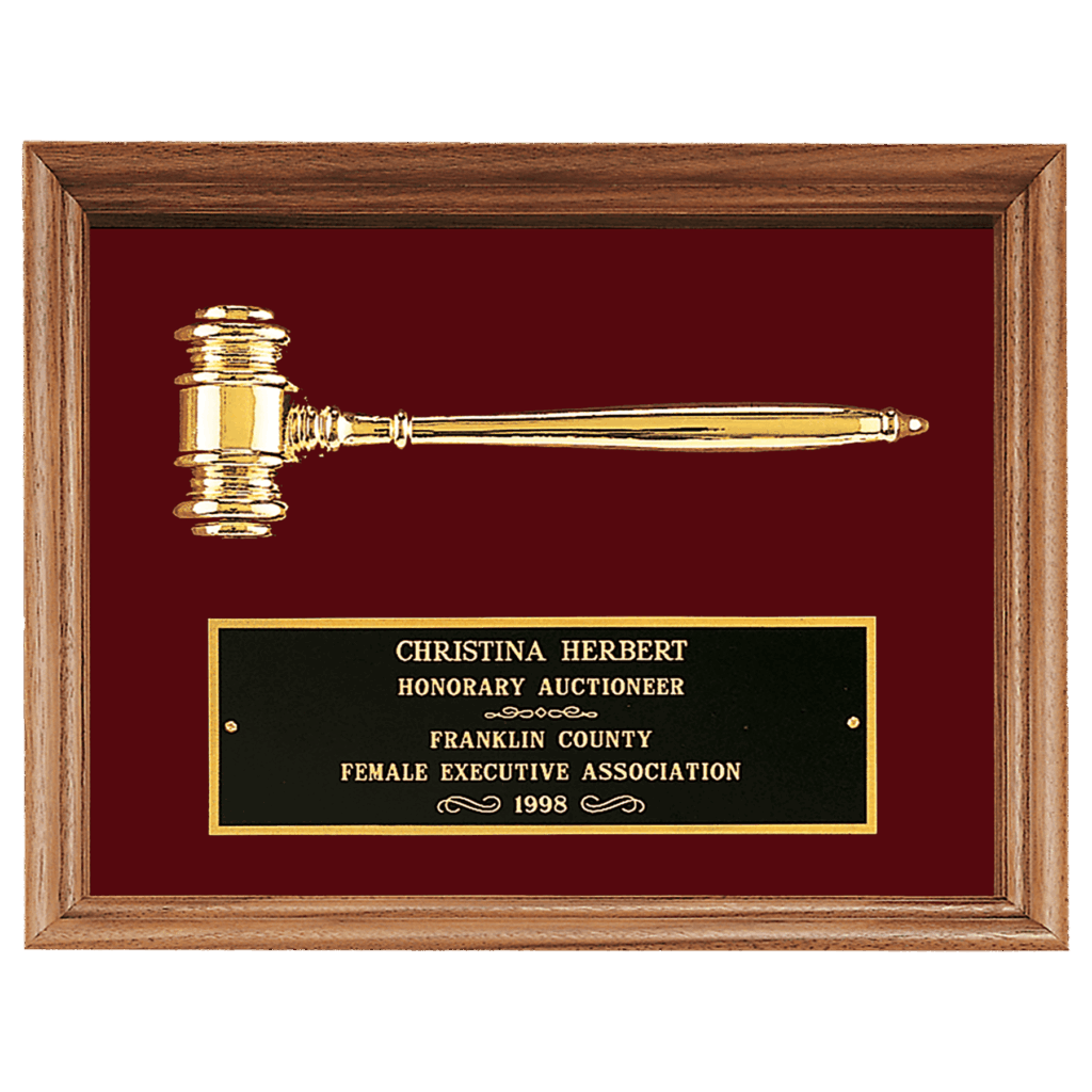 10" x 13" Gold Electroplated Gavel in a Walnut Frame with Maroon Velour Background and Black Laserable Brass Plate