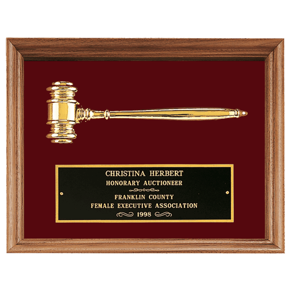 10" x 13" Gold Electroplated Gavel in a Walnut Frame with Maroon Velour Background and Black Laserable Brass Plate
