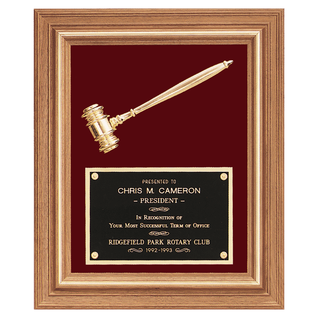 15" x 18" Gold Electroplated Gavel in a Walnut Frame with Maroon Velour Background and Black Laserable Brass Plate