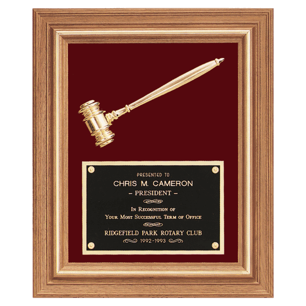 15" x 18" Gold Electroplated Gavel in a Walnut Frame with Maroon Velour Background and Black Laserable Brass Plate