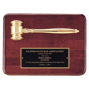 9" x 12" Rosewood Piano Finish Plaque with a Gold Electroplated Gavel and Laserable Black Brass Plate for Personalization