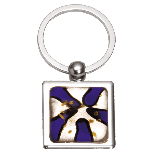 1 1/4" x 2 3/4" Blue Art Glass Decorated Key Ring
