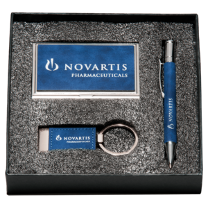 Blue Marbleized Leather Gift Set/Pen, Keychain, Business Card Holder