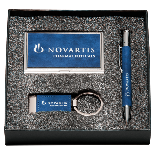 Blue Marbleized Leather Gift Set/Pen, Keychain, Business Card Holder