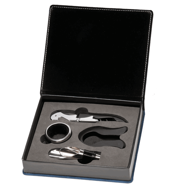 Blue Marbleized Leather Wine Tool Gift Set