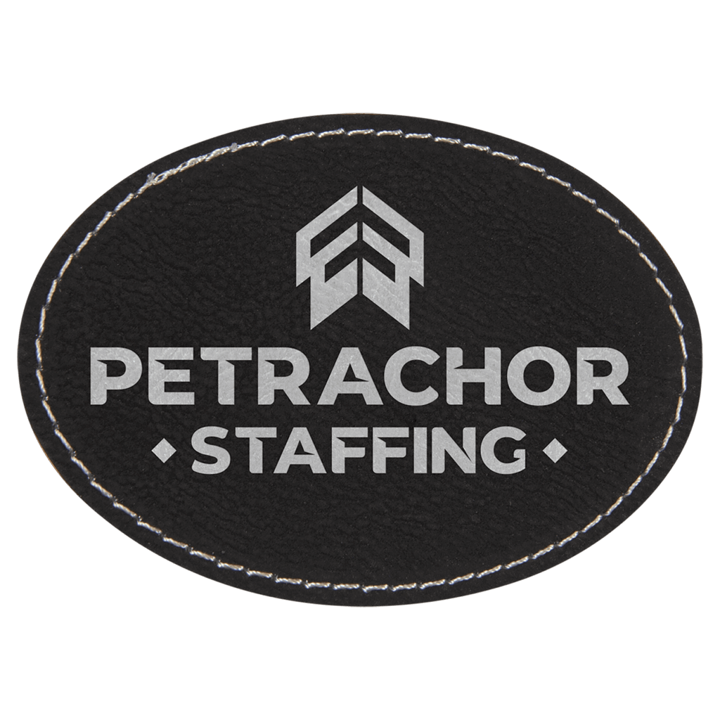 3 1/2" x 2 1/2" Black/Silver Laserable Leatherette Oval Patch with Adhesive
