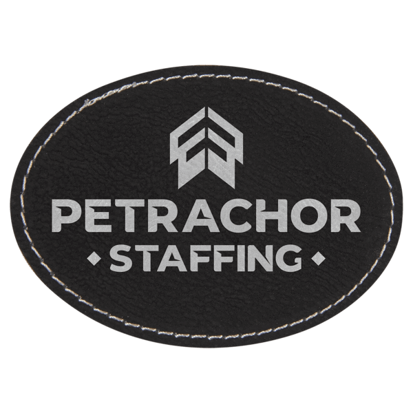 3 1/2" x 2 1/2" Black/Silver Laserable Leatherette Oval Patch with Adhesive