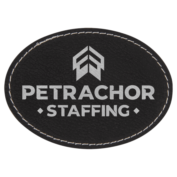 3 1/2" x 2 1/2" Black/Silver Laserable Leatherette Oval Patch with Kota Pro Adhesive