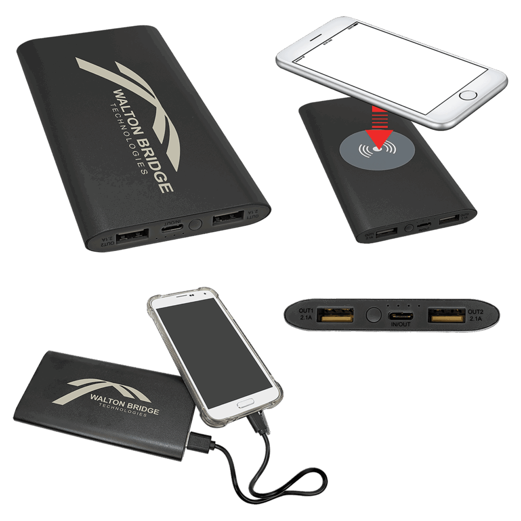 Black 8000MAH Power Bank & Wireless Anodized Aluminum Charger with USB-C Cord