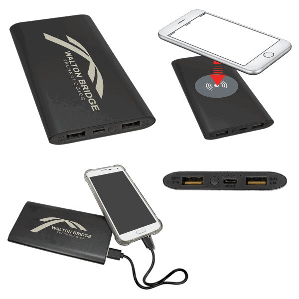 Black 8000MAH Power Bank & Wireless Anodized Aluminum Charger with USB-C Cord