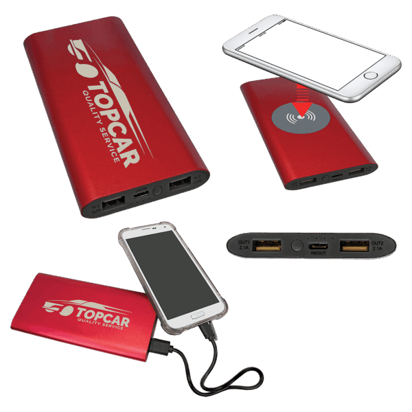 Red 8000MAH Power Bank & Wireless Anodized Aluminum Charger with USB-C Cord