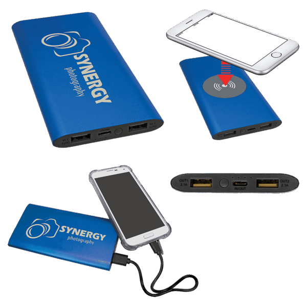 Blue 8000MAH Power Bank & Wireless Anodized Aluminum Charger with USB-C Cord