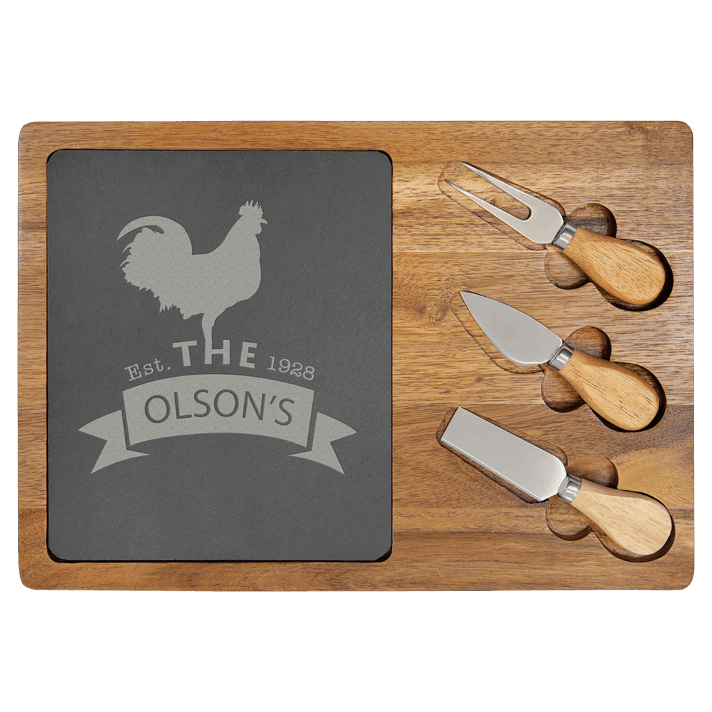 13 3/4" x 9 3/4" Acacia Wood/Slate Rectangle Cheese Set with Three Tools