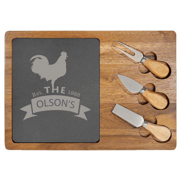 13 3/4" x 9 3/4" Acacia Wood/Slate Rectangle Cheese Set with Three Tools