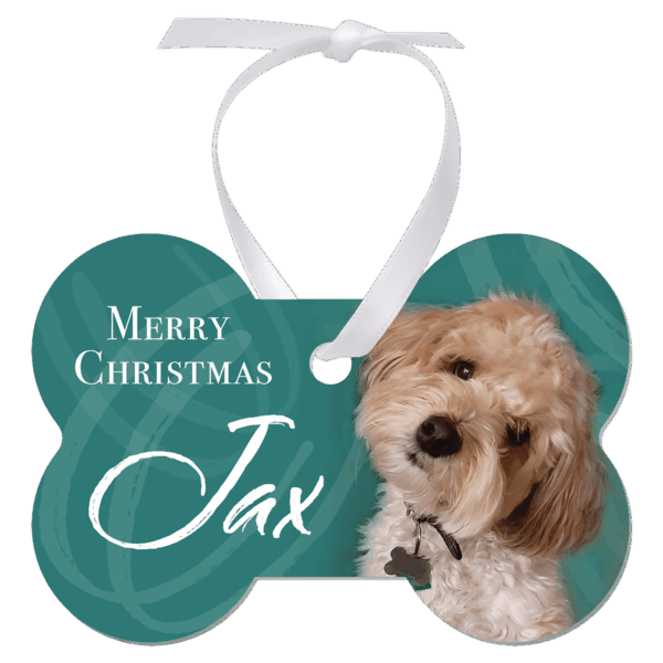 3.25"x 2" Gloss White Unisub Aluminum Dog Bone Ornament, 1-Side w/White Ribbon