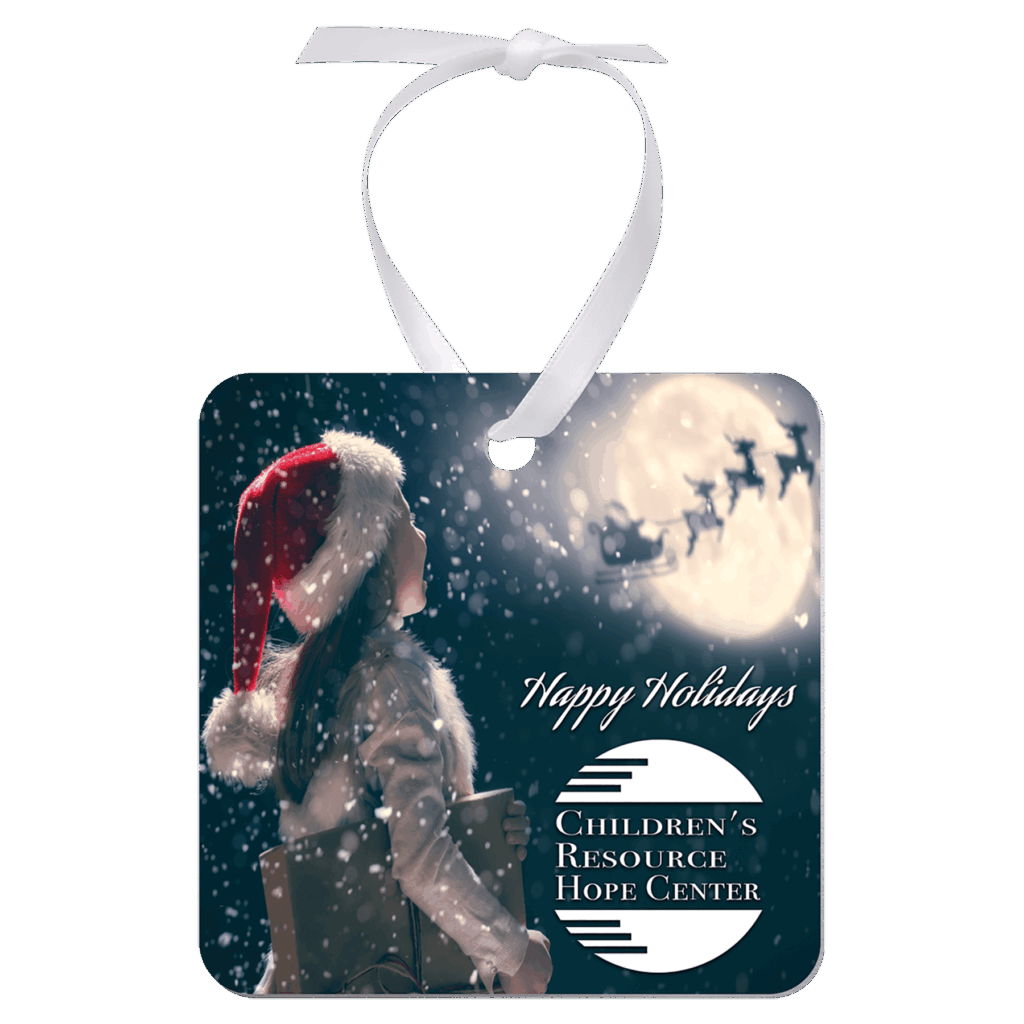 2.75"x 2.75" Gloss White Aluminum Square Ornament, 1-Side w/White Ribbon