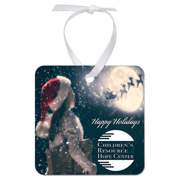 2.75"x 2.75" Gloss White Aluminum Square Ornament, 1-Side w/White Ribbon