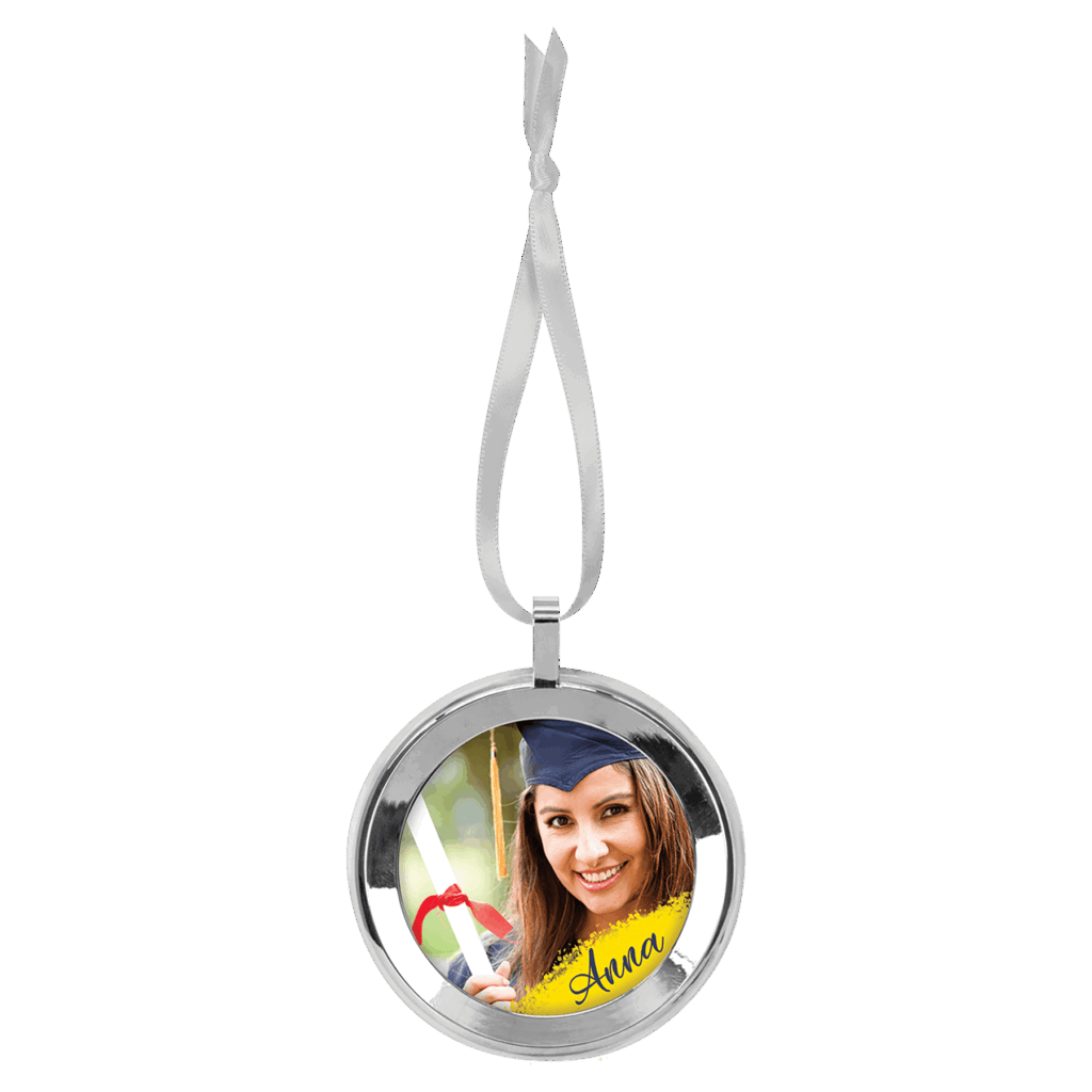 3" Diameter Silver Metal Ornament with White Ribbon