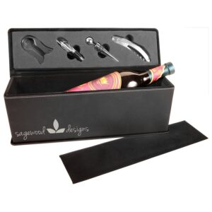 Black/Silver Laserable Leatherette Single Wine Box with Tools