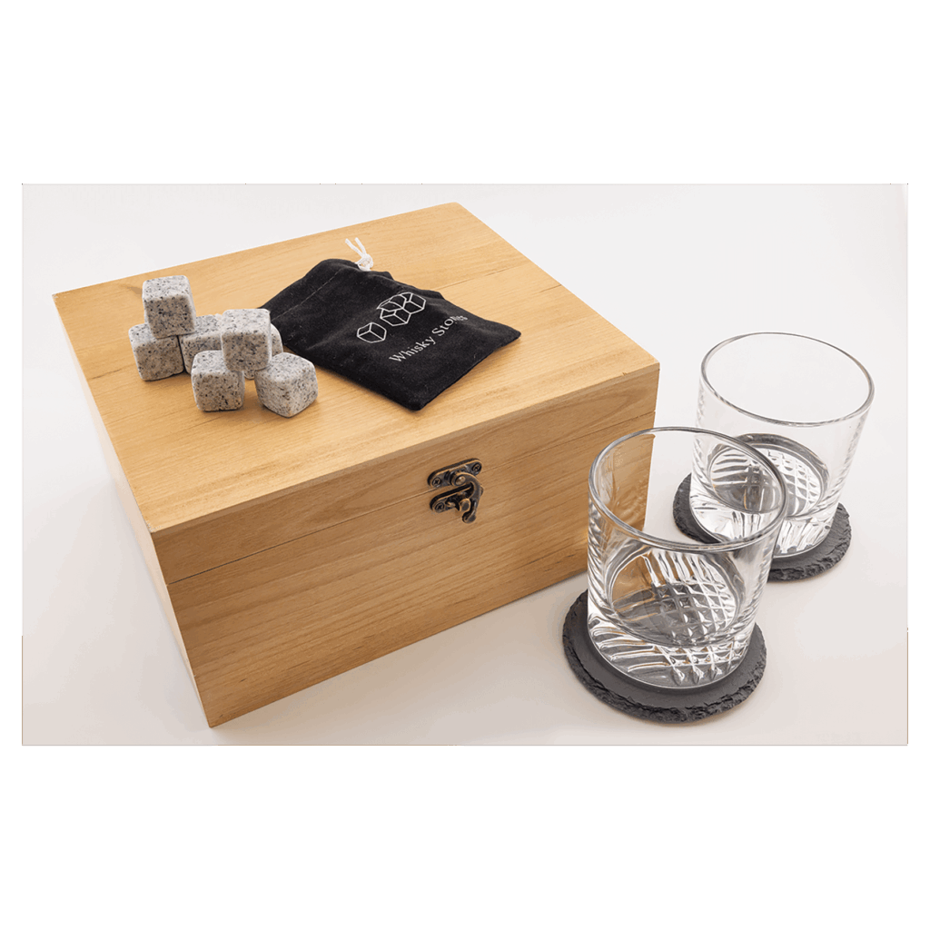  Red Alder Whiskey Set with Two 9 oz. Glasses, Two 4" Slate Coasters, and Eight Granite Whiskey Stones with Black Velvet Bag