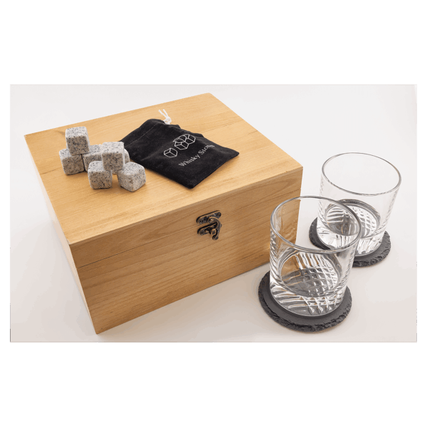  Red Alder Whiskey Set with Two 9 oz. Glasses, Two 4" Slate Coasters, and Eight Granite Whiskey Stones with Black Velvet Bag