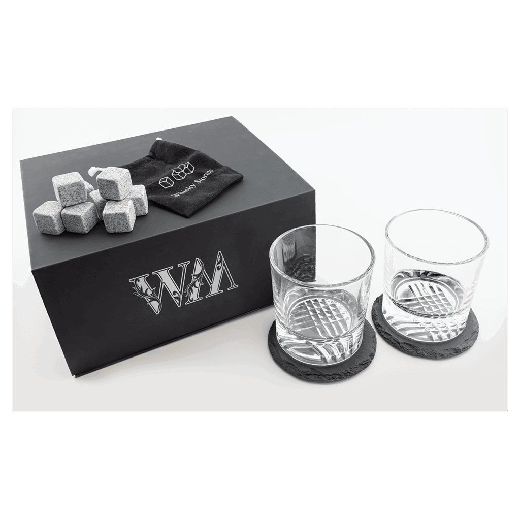 Lazerburst Whiskey Set with Two 9 oz. Glasses, Two 4" Slate Coasters, and Eight Granite Whiskey Stones with Black Velvet Bag
