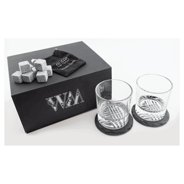 Lazerburst Whiskey Set with Two 9 oz. Glasses, Two 4" Slate Coasters, and Eight Granite Whiskey Stones with Black Velvet Bag