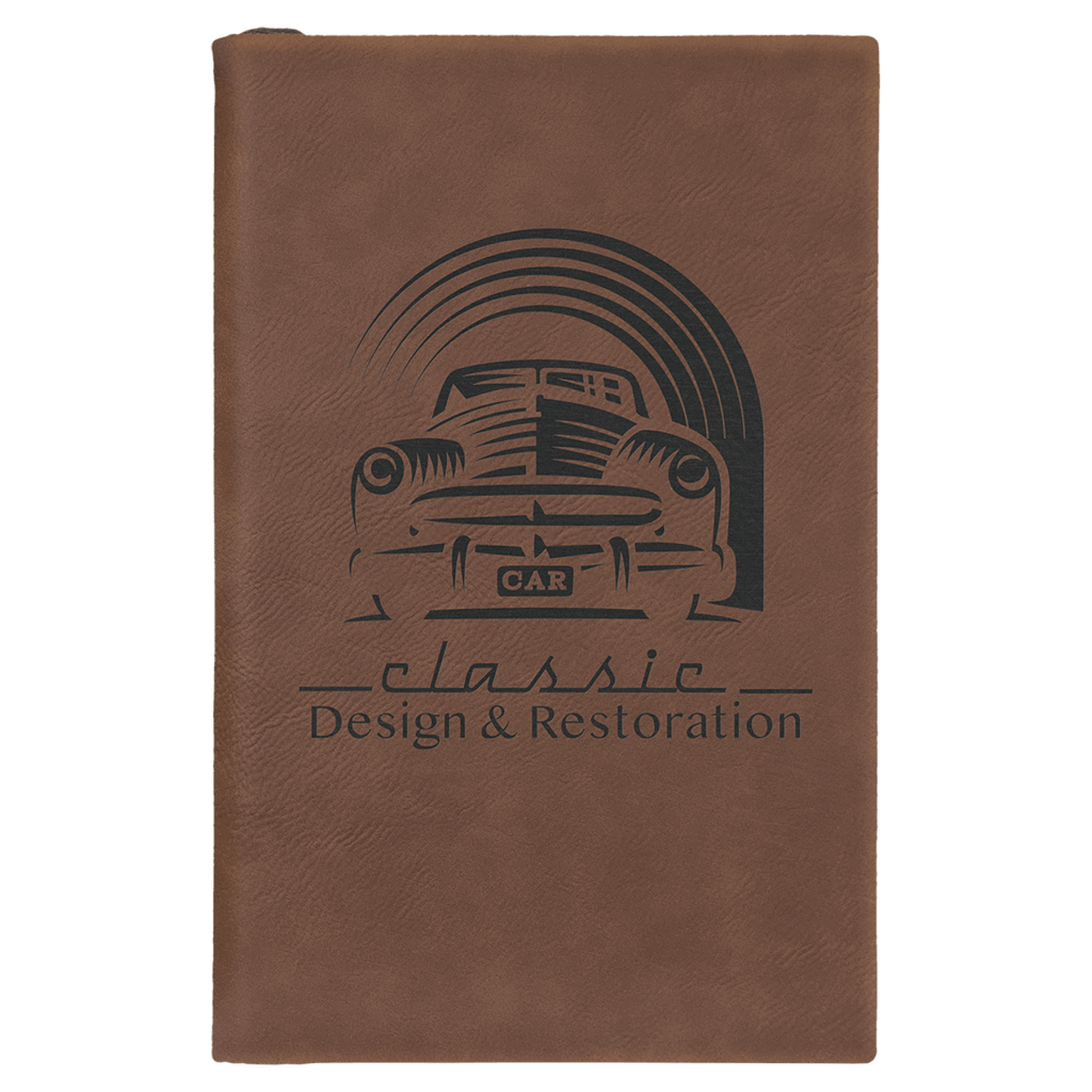 5 1/4" x 8 1/4" Dark Brown Laserable Leatherette Sketch Book with Unlined Notepad